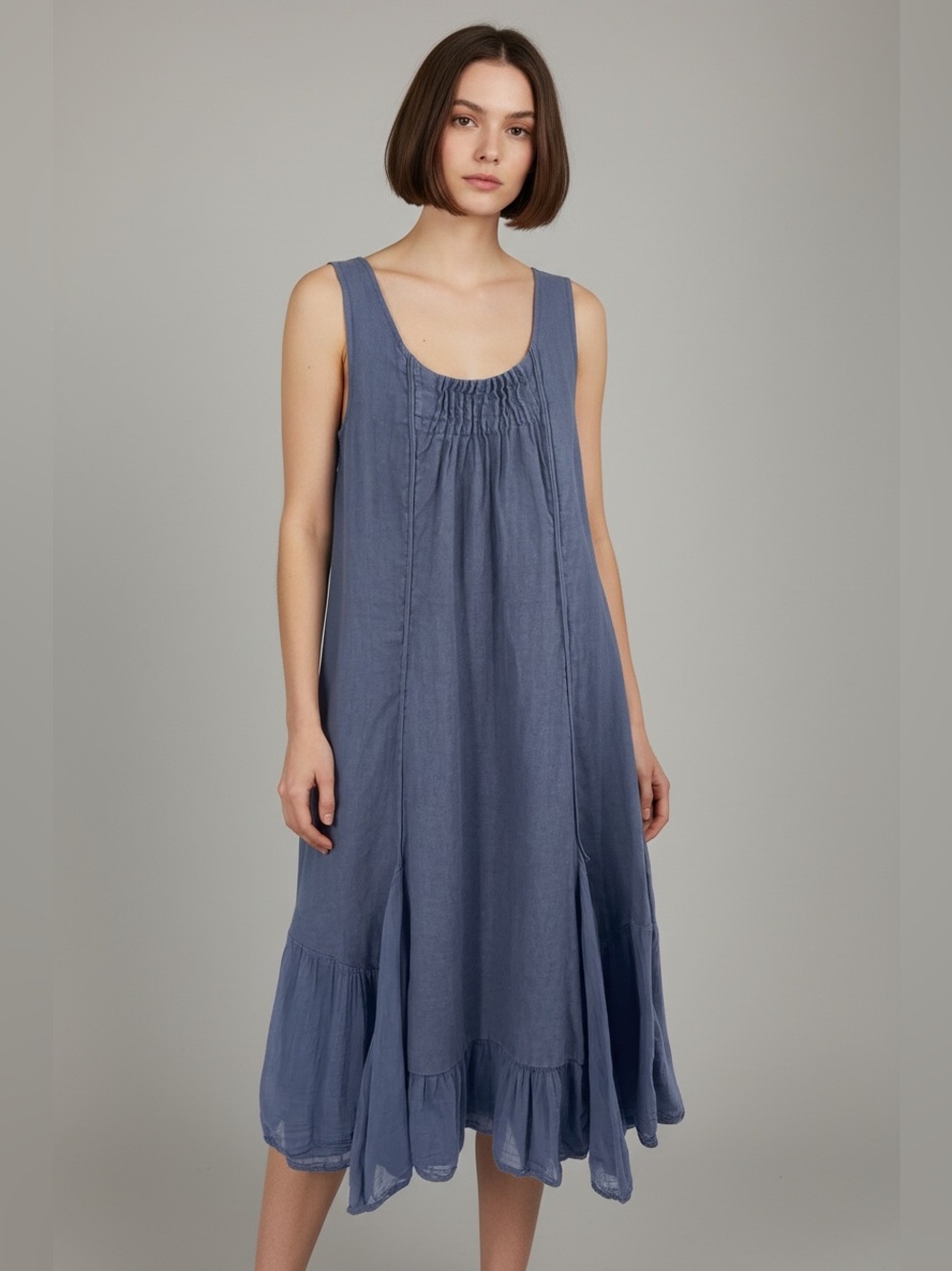 Lina Tomei Linen Silk Dress Blue Medium